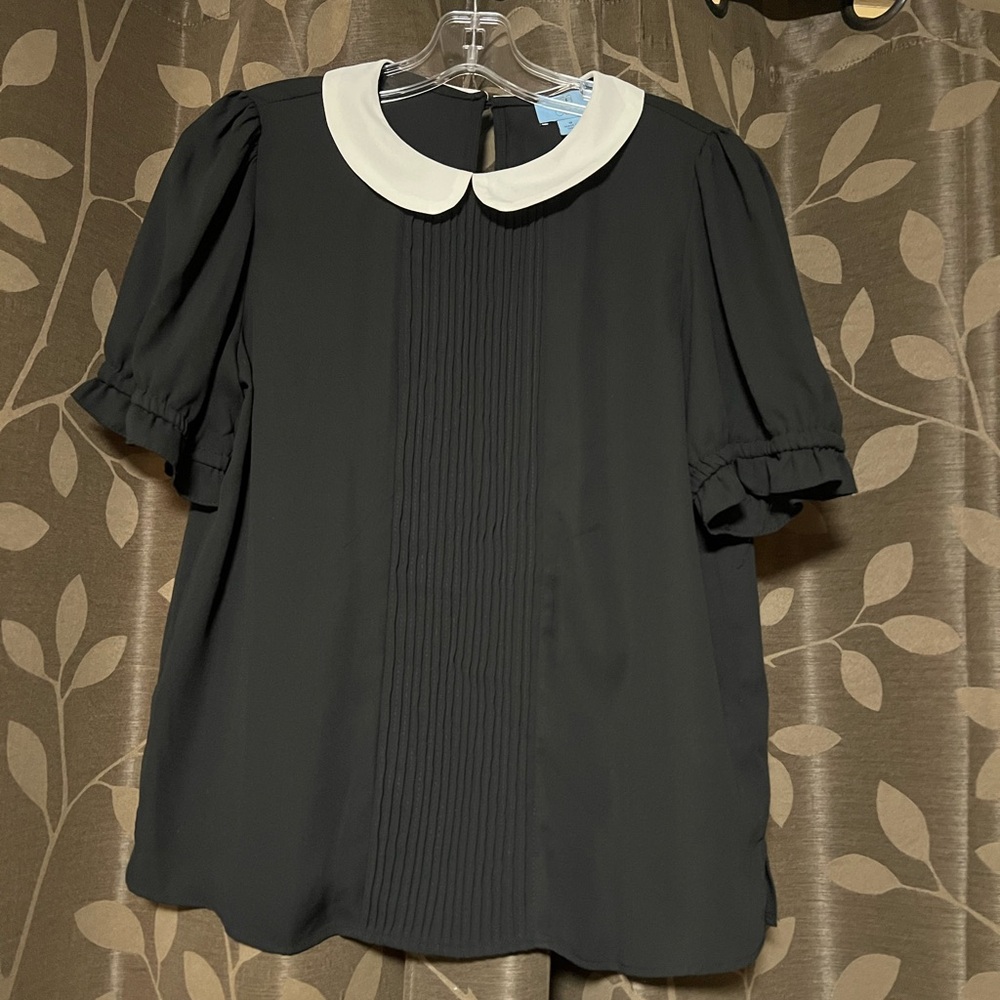 CeCe Black Blouse with White Peter Pan Collar